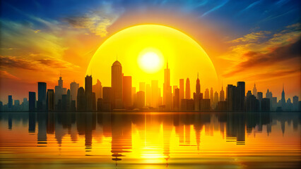 Fototapeta premium Colorful cityscape with large yellow sun in background, cityscape, colorful, sun, yellow, buildings, skyline, urban