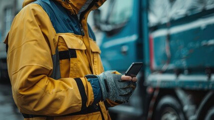 Fototapeta premium A hardworking delivery person analyzes information on their handheld device amid the hustle of an urban environment.