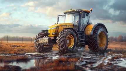 Obraz premium Yellow tractor on a muddy field under cloudy skies.
