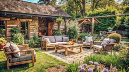 Embrace the elegance of modern outdoor furniture combined with rustic cottage elements, crafting a peaceful and welcoming garden environment.