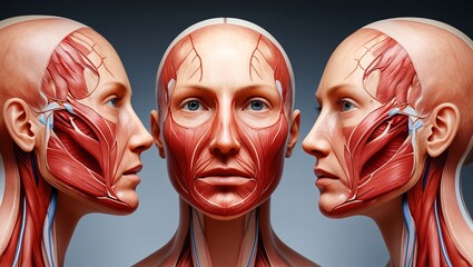 A surface anatomy study of the human face, with every muscle and vein exposed beneath translucent skin
