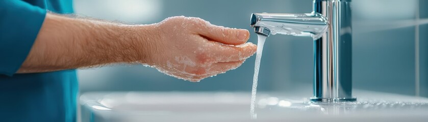 Fototapeta premium Zoomed-in shot of a hand reaching for the faucet with bacteria visibly covering the sink handle, illustrating hygiene risks, germs, hand hygiene