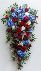 Cascading Bridal Bouquet, Red Roses, Blue Hydrangeas, and White Lisianthus, on White Background.