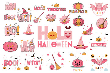 Fototapeta premium Cute Halloween illustrations with pumpkins, witches, and bats