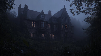 Spooky old mansion illuminated by eerie lights on a foggy Halloween night
