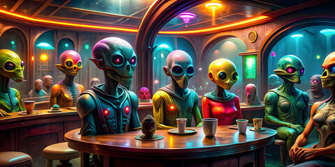 Naklejka premium Sci-fi cantina filled with a variety of colorful and unique aliens , sci-fi, cantina, aliens, extraterrestrial