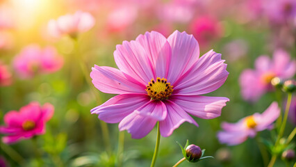 Fototapeta premium Close-up of a delicate pink cosmos flower in full bloom outdoors, cosmos, flower, pink, close-up, nature, outdoors, blooming, garden