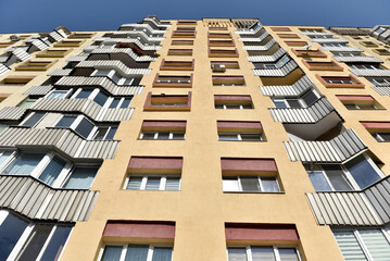 Flat of blocks from Communist period, worn out concrete buildings in Eastern Europe