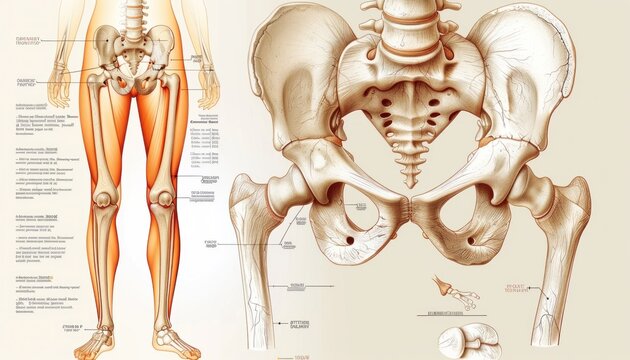 Detailed anatomical illustration of the human pelvic and leg bones, with labels for all major structures