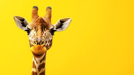 A giraffe's head and neck peeking into frame against a bright yellow background.
