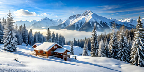Fototapeta premium Snow-covered high mountain landscape with ski slopes, pine trees, and a cozy chalet , French Alps, winter, snow, mountains