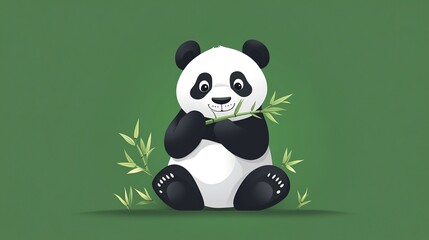A cute panda bear sitting on a green background, eating bamboo shoots.