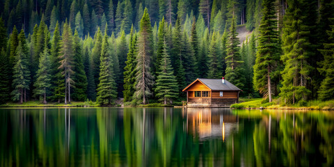 Cabin nestled among pine trees at lakeside , cabin, pine trees, lake, nature, serenity, tranquil, wilderness, secluded