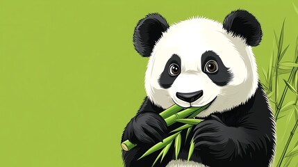 Fototapeta premium A cute panda bear eating bamboo with a green background.