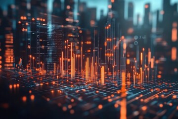 Abstract digital landscape with glowing data visualizations.