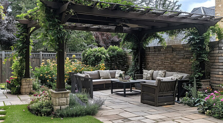 Fototapeta premium New garden with a patio, pergolas and seating area. Generative AI.