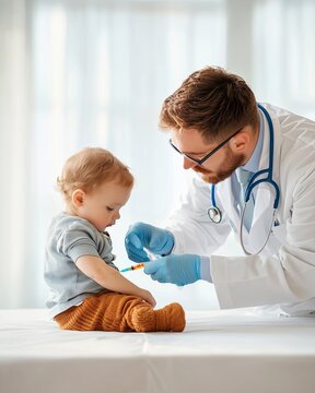 A boy is being vaccinated. Pediatrician doctor injecting vaccine to child.