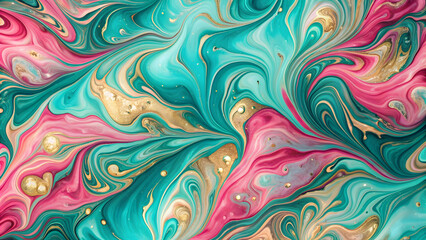 Fototapeta premium Marbled abstract background with swirling patterns in pink, teal green, and gold , swirls, abstract, background, marble effect
