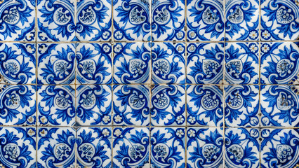 Naklejka premium Traditional Portuguese tiles featuring intricate blue and white patterns , Portugal, ceramic, azulejos, vintage