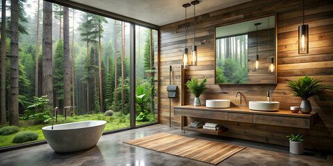 Fototapeta premium Bathroom in the forest with modern amenities and rustic design, nature, outdoors, trees, rustic, eco-friendly, sustainable, peaceful