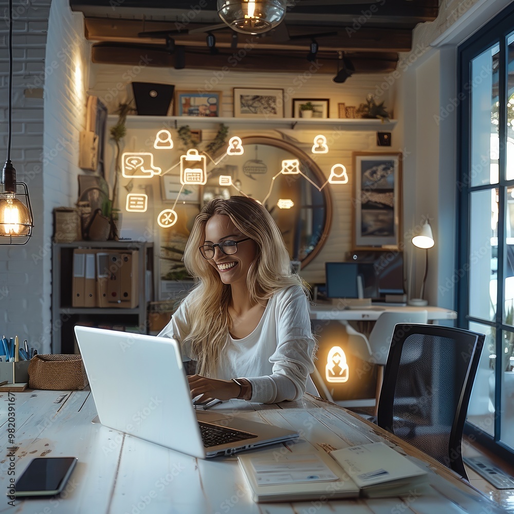 Aufkleber woman, a relaxed and comfortable office environment with a person at their desk, smiling and enjoyin