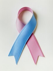 Focused shot of a pink and blue ribbon representing awareness for male breast cancer during October, against a clean white background. The image highlights the theme of support and awareness