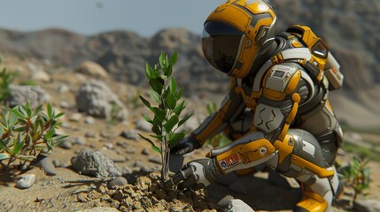 Fototapeta premium Astronaut in Futuristic Suit Cultivates Barren Land, Planting Seeds of New Life and Hope