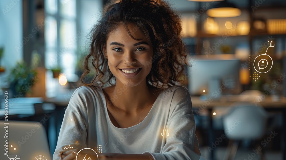 Fototapete woman, a relaxed and comfortable office environment with a person at their desk, smiling and enjoyin