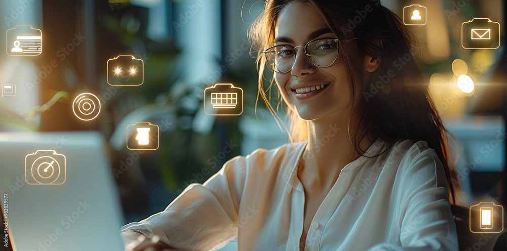 Fototapete woman, a relaxed and comfortable office environment with a person at their desk, smiling and enjoyin