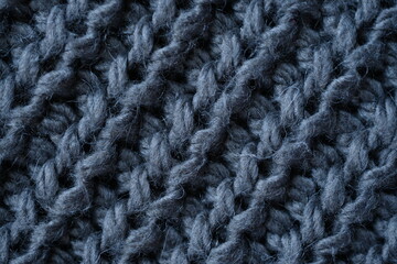 macro texture of woolen dark gray crocheted sweater as background, close-up of gray crocheted front surface, woolen texture of woolen wool, knitted front surface
