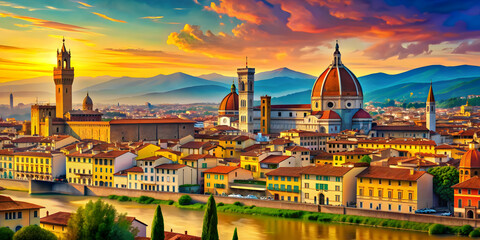 Fototapeta premium Colorful illustrated poster capturing the beauty of Florence, Italy , Florence, Italy, travel, tourism, architecture,vibrant