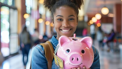 Obraz premium Cheerful young woman holding a piggy bank