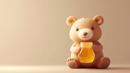 A cute brown teddy bear sitting with a jar of honey in its paws on a beige background.