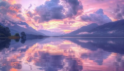Obraz premium Tranquil mountain lake at dusk with vibrant purple pink clouds reflecting on water surface