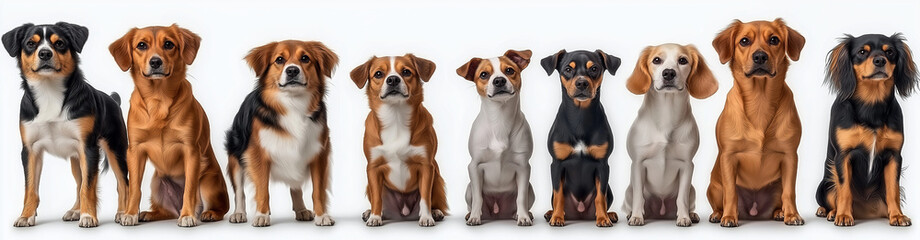 Group of Seven Dogs in Various Breeds Isolated on White Background