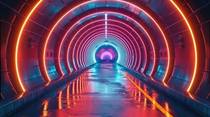 A vibrant and pulsating array of neon lights and geometric shapes forming a tunnel-like structure, Energetic, Night, Neon Light. Generative AI.
