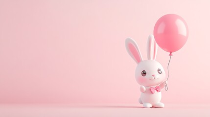 Obraz premium A cute cartoon bunny holding a pink balloon.