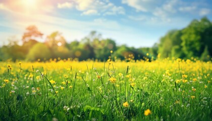 Fototapeta premium Scenic view of a lush green meadow with blooming yellow wildflowers under a bright blue sky