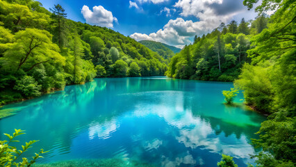 Naklejka premium Turquoise green blue lake surrounded by lush green nature, turquoise, green, blue, lake, water, nature, serene, peaceful