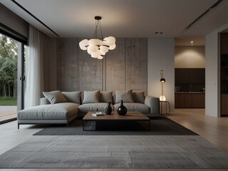Modern minimalist stylish interior design for living room with sofa, table and lighting. 