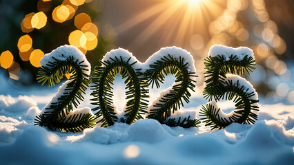 The year 2025 is formed from pine branches adorned with snow, set in a snowy environment. Soft sunlight creates a warm glow against the winter backdrop.
