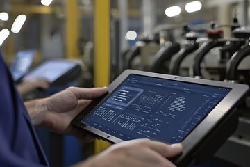 Fototapeta premium Workers Use Tablets To Control Various Manufacturing Machines. The Tablets Display Real-Time Performance Metrics