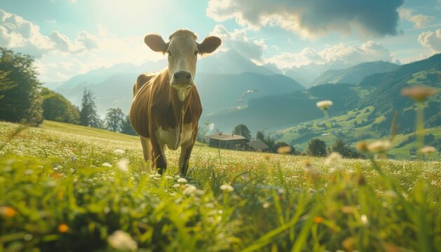Content cow chews cud in lush green pasture with distant mountains