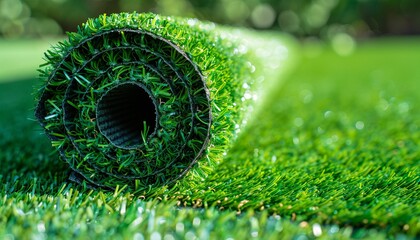 Close up of a roll of artificial green turf grass for landscaping