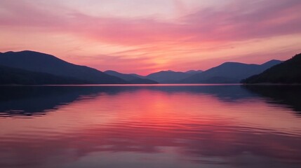 Fototapeta premium A sunset over a lake with mountains in the background, AI