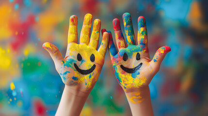 Close up hands of children covered in colorful paint and painted smileys