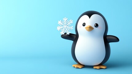 Obraz premium A cute, cartoon penguin holds up a snowflake.