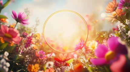 Luminous Round Frame among the flowers Abstract Natural Creative Background Mockup for natural Products Advertising