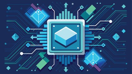 Print Light Blue CPU on Dark Technology Background Vector Illustration in Futuristic Style