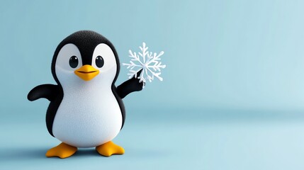 Obraz premium Cute penguin holding a snowflake on a blue background.
